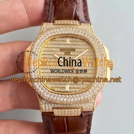 Replica Patek Philippe Nautilus Jumbo 5719/1G-001 DM Yellow Gold & Diamonds Diamond Dial Swiss 324SC