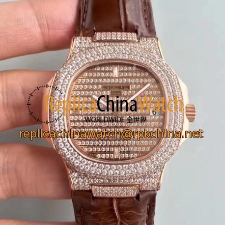 Replica Patek Philippe Nautilus Jumbo 5719/1G-001 DM Rose Gold & Diamonds Diamond Dial Swiss 324SC