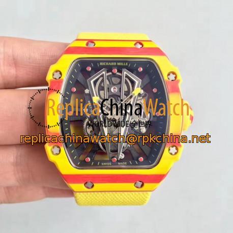 Replica Richard Mille RM27-03 Rafael Nadal KL Yellow & Red Forged Carbon Black Skeleton Dial M9015