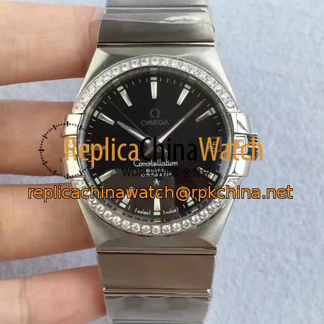 Replica Omega Constellation 123.55.38.20.99.001 38MM SSS Stainless Steel & Diamonds Black Dial Swiss 8500