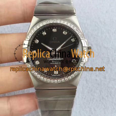 Replica Omega Constellation 123.55.38.20.99.001 38MM SSS Stainless Steel & Diamonds Black Dial Swiss 8500