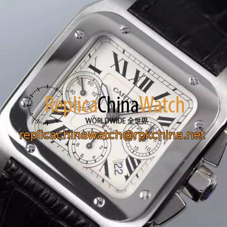 Replica Cartier Santos 100 Chronograph Stainless Steel White Dial Swiss 7753