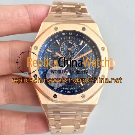 Replica Audemars Piguet Royal Oak Perpetual Calendar 41MM 26574OR.OO.1220OR.01 JF Rose Gold Blue Dial Swiss 5134