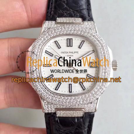 Replica Patek Philippe Nautilus Jumbo 5719/1G-001 MK Stainless Steel & Diamonds White Dial Swiss 324SC