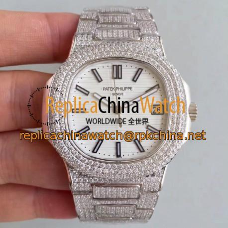 Replica Patek Philippe Nautilus Jumbo 5719/10G-010 MK Stainless Steel & Diamonds White Dial Swiss 324SC