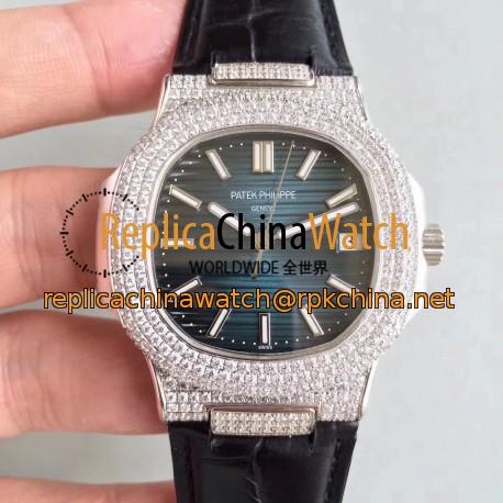 Replica Patek Philippe Nautilus Jumbo 5719/1G-001 MK Stainless Steel & Diamonds Blue Dial Swiss 324SC