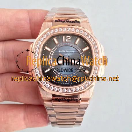 Replica Patek Philippe Nautilus Ladies 7010/1R-010 JJ Rose Gold & Diamonds Blue Dial Swiss Quartz E23-250 S C