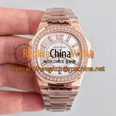 Replica Patek Philippe Nautilus Ladies 7010/1R-011 JJ Rose Gold & Diamonds Silver Dial Swiss Quartz E23-250 S C