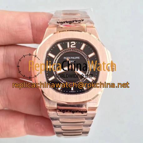 Replica Patek Philippe Nautilus Ladies 7011-1R JJ Rose Gold Black Dial Swiss Quartz E23-250 S C