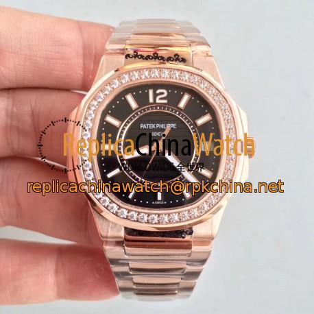 Replica Patek Philippe Nautilus Ladies 7010/1R-010 JJ Rose Gold & Diamonds Black Dial Swiss Quartz E23-250 S C