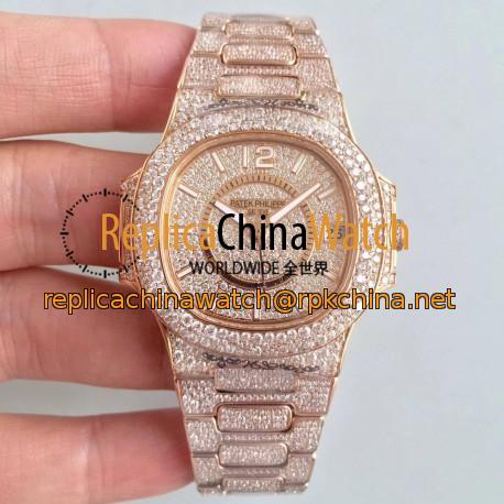 Replica Patek Philippe Nautilus Jumbo Ladies Paved With Diamonds 7021/1R-001 N Rose Gold & Diamonds Diamond Dial M9015