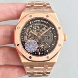 Replica Audemars Piguet Royal Oak Double Balance Wheel Openworked 15407 JF Rose Gold Black Skeleton Dial Swiss 3132