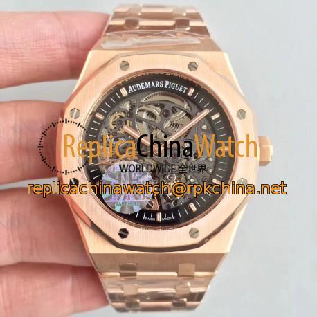 Replica Audemars Piguet Royal Oak Double Balance Wheel Openworked 15407 JF Rose Gold Black Skeleton Dial Swiss 3132