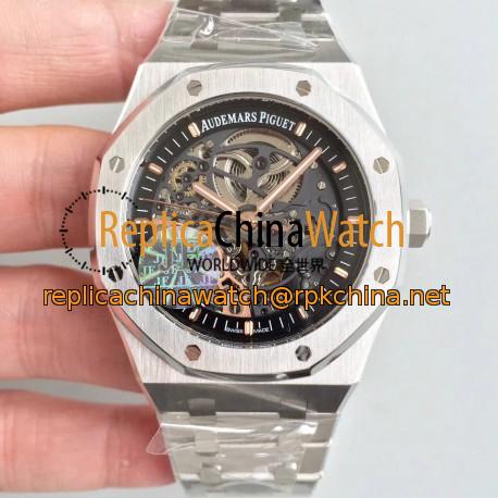 Replica Audemars Piguet Royal Oak Double Balance Wheel Openworked 15407 JF Stainless Steel Black Skeleton Dial Swiss 3132