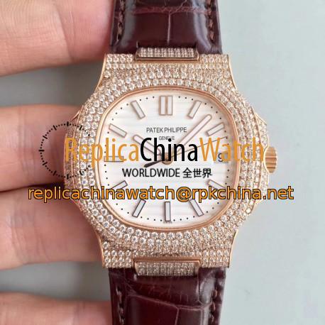 Replica Patek Philippe Nautilus Jumbo 5719/1G-001 2018 N Rose Gold & Diamonds White Dial Swiss 324SC