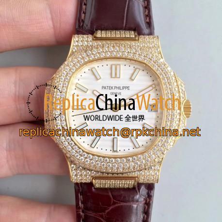 Replica Patek Philippe Nautilus Jumbo 5719/1G-001 2018 N Yellow Gold & Diamonds White Dial Swiss 324SC