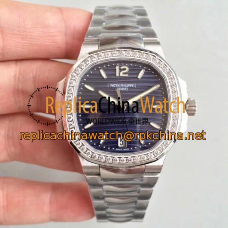 Replica Patek Philippe Nautilus Ladies 7018/1A-010 PF Stainless Steel & Diamonds Blue Dial Swiss 324 S C