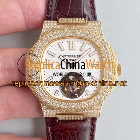 Replica Patek Philippe Nautilus Jumbo 5711 2018 N Yellow Gold & Diamonds White Dial Swiss Tourbillon