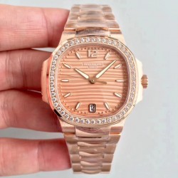 Replica Patek Philippe Ladies Nautilus 7118/1200R PF Rose Gold & Diamonds Rose Gold Dial Swiss 324SC