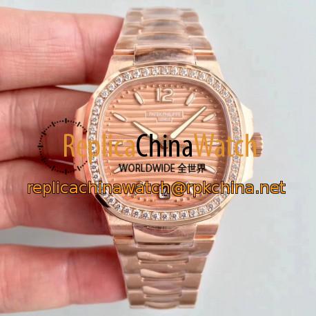 Replica Patek Philippe Ladies Nautilus 7118/1200R PF Rose Gold & Diamonds Rose Gold Dial Swiss 324SC