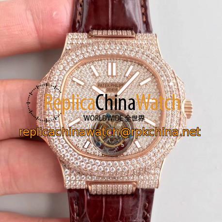 Replica Patek Philippe Nautilus Jumbo 5711 R8 Rose Gold & Diamonds Diamond Dial Swiss Tourbillon