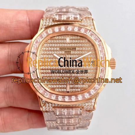 Replica Patek Philippe Nautilus Jumbo 5719/10G-010 DM Rose Gold & Diamonds Diamond Dial Swiss 324SC