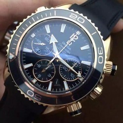 Replica Omega Seamaster Planet Ocean Chronograph 45MM Rose Gold Black Dial Swiss 7750