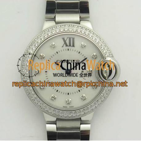 Replica Ballon Bleu De Cartier Ladies 33MM V6 Stainless Steel & Diamond Mother Of Pearl Dial Swiss Ronda Quartz