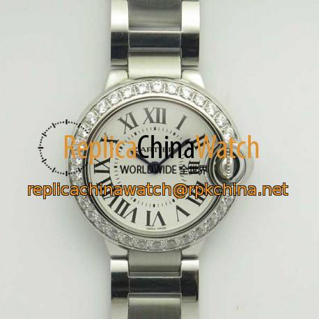 Replica Ballon Bleu De Cartier Ladies 28MM W4BB0015 V6 Stainless Steel & Diamond White Dial Swiss Ronda Quartz