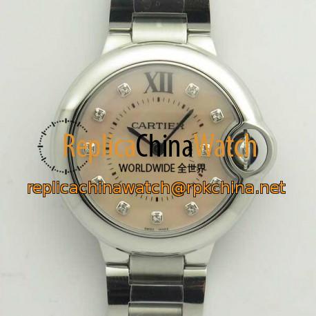 Replica Ballon Bleu De Cartier Ladies 33MM  W6920100 V6 Stainless Steel Pink Mother Of Pearl Dial Swiss Ronda Quartz