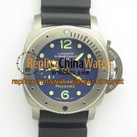 Replica Panerai Luminor Submersible 1950 3 Days GMT Special Edition Pole2Pole PAM719 VS V2 Titanium Blue Dial Swiss P9001