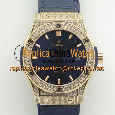 Replica Hublot Classic Fusion King Gold Pave 42MM 511.OX.1181.LR.1704 F16 Rose Gold & Diamonds Blue Dial Swiss 2892