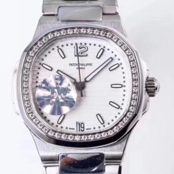 Replica Patek Philippe Nautilus Ladies 7018/1A-001 TW Stainless Steel & Diamonds White Dial Swiss 324SC