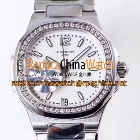 Replica Patek Philippe Nautilus Ladies 7018/1A-001 TW Stainless Steel & Diamonds White Dial Swiss 324SC