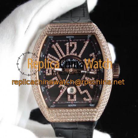 Replica Franck Muller Vanguard V45 SC DT OX Rose Gold & Diamond Black Dial Swiss 2824-2