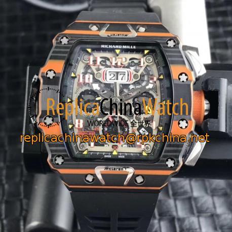 Replica Richard Mille RM011-03 McLaren Automatic Flyback Chronograph KV Black & Orange Forged Carbon Skeleton Dial Swiss 7750