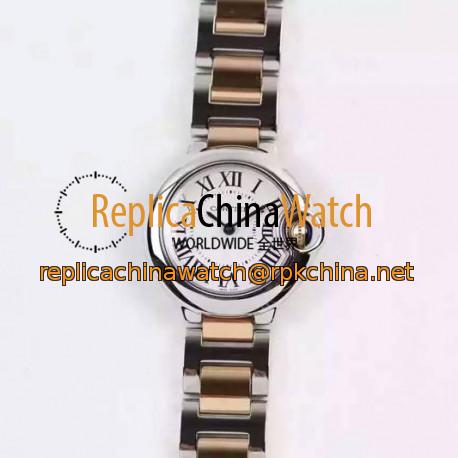 Replica Cartier Ballon Bleu 28MM Ladies Rose Gold & Stainless Steel White Dial Swiss Ronda Quartz