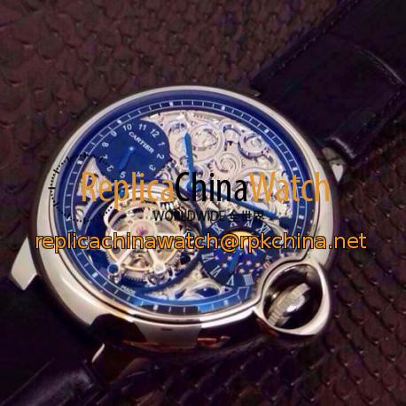 Replica Cartier Ballon Bleu Tourbillon Moonphase Stainless Steel Blue & Silver Skeleton Swiss Tourbillon