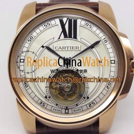 Replica Calibre De Cartier Tourbillon Rose Gold White Dial Swiss Tourbillon