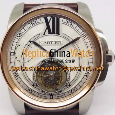 Replica Calibre De Cartier Tourbillon Stainless Steel & Rose Gold White Dial Swiss Tourbillon