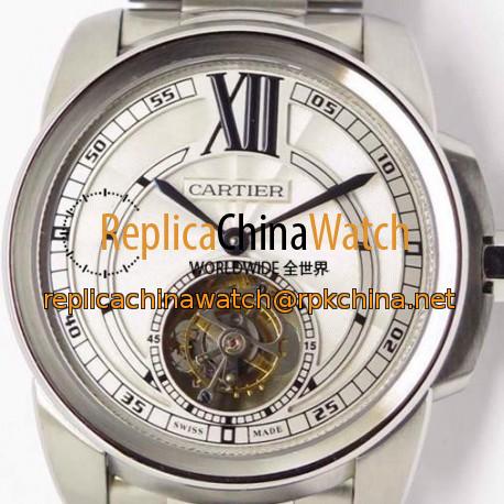 Replica Calibre De Cartier Tourbillon Stainless Steel White Dial Swiss Tourbillon