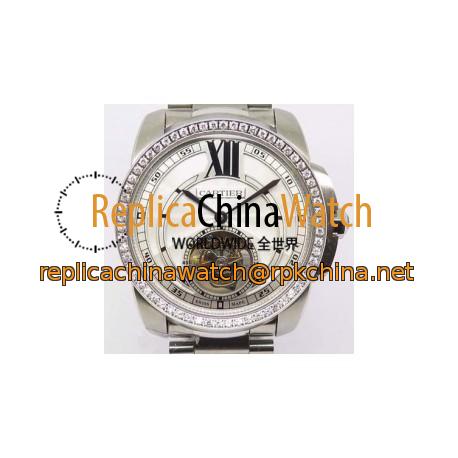 Replica Calibre De Cartier Tourbillon Stainless Steel & Diamonds White Dial Swiss Tourbillon