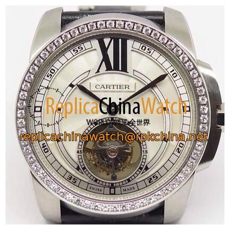 Replica Calibre De Cartier Tourbillon Stainless Steel & Diamonds White Dial Swiss Tourbillon