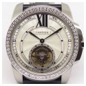 Replica Calibre De Cartier Tourbillon Stainless Steel & Diamonds White Dial Swiss Tourbillon