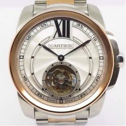 Replica Calibre de Cartier Tourbillon Stainless Steel & Rose Gold White Dial Swiss Tourbillon