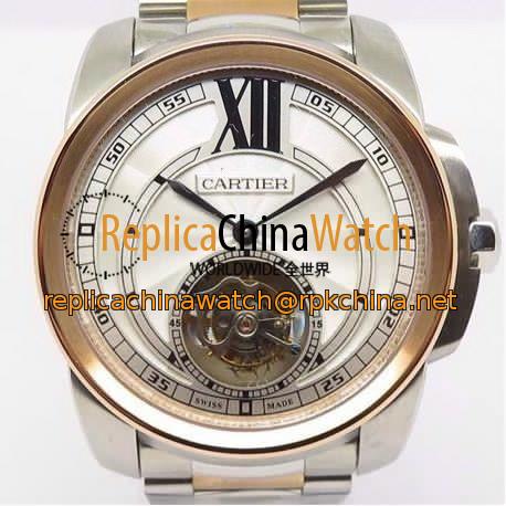 Replica Calibre de Cartier Tourbillon Stainless Steel & Rose Gold White Dial Swiss Tourbillon