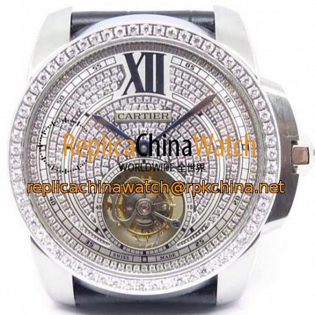 Replica Calibre de Cartier Tourbillon Stainless Steel & Diamonds Diamond Dial Swiss Tourbillon