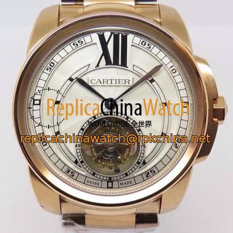 Replica Calibre De Cartier Tourbillon Rose Gold White Dial Swiss Tourbillon