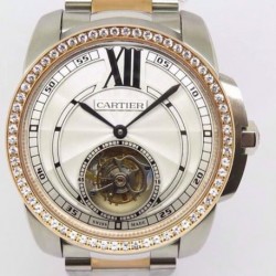 Replica Calibre De Cartier Tourbillon Stainless Steel & Rose Gold White Dial Swiss Tourbillon