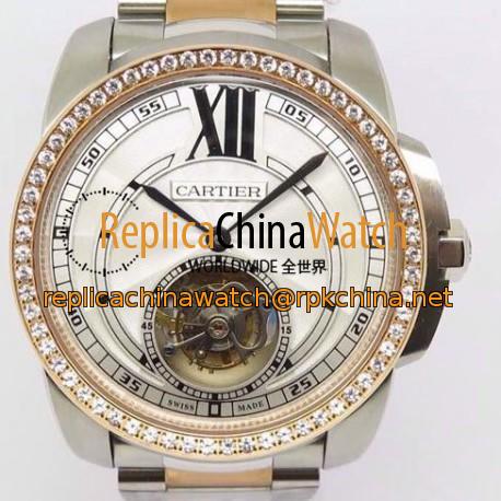 Replica Calibre De Cartier Tourbillon Stainless Steel & Rose Gold White Dial Swiss Tourbillon